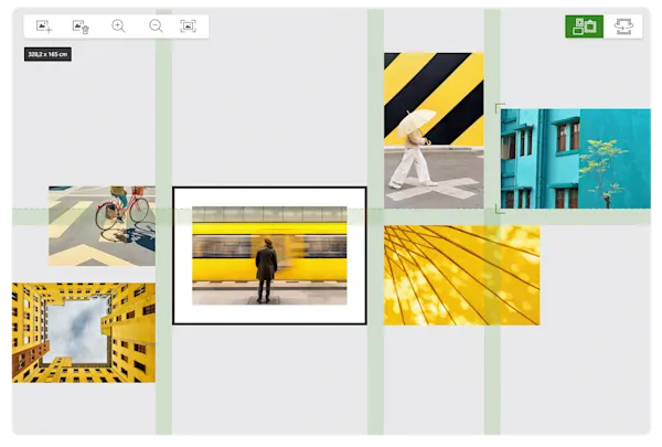 Une interface d’édition de mur de galerie affichant six images sur le thème du jaune, dont un métro, un vélo, un bâtiment, un parapluie et un mur couleur sarcelle.