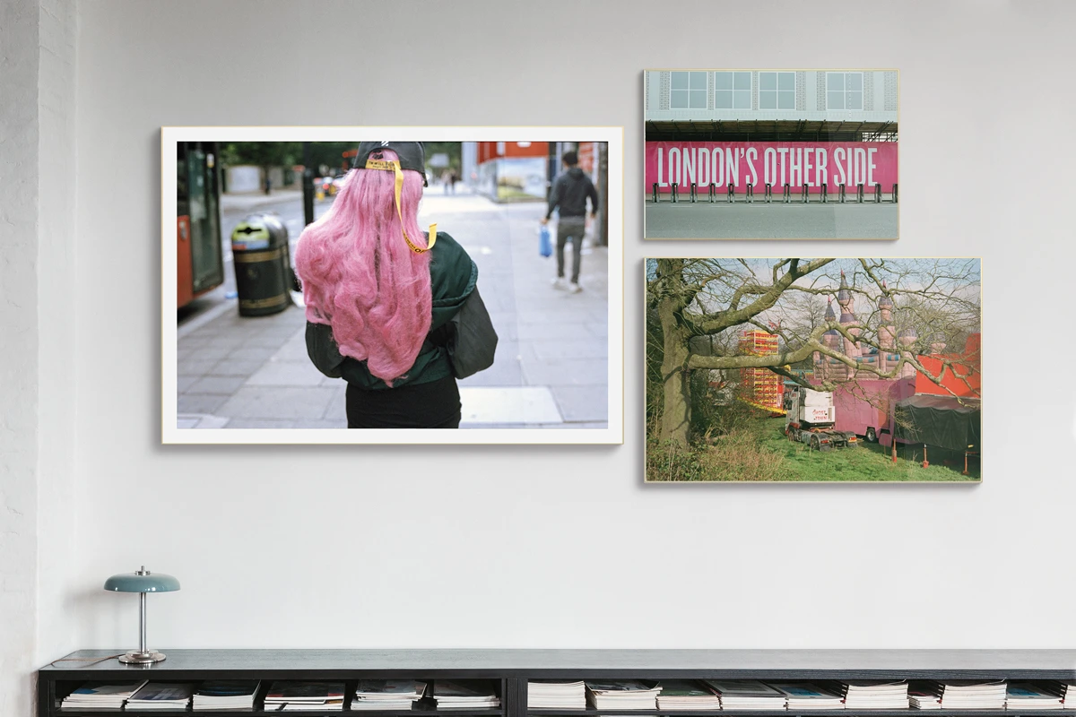 composition of three street photos with pink accents, person with pink wig and places in London.