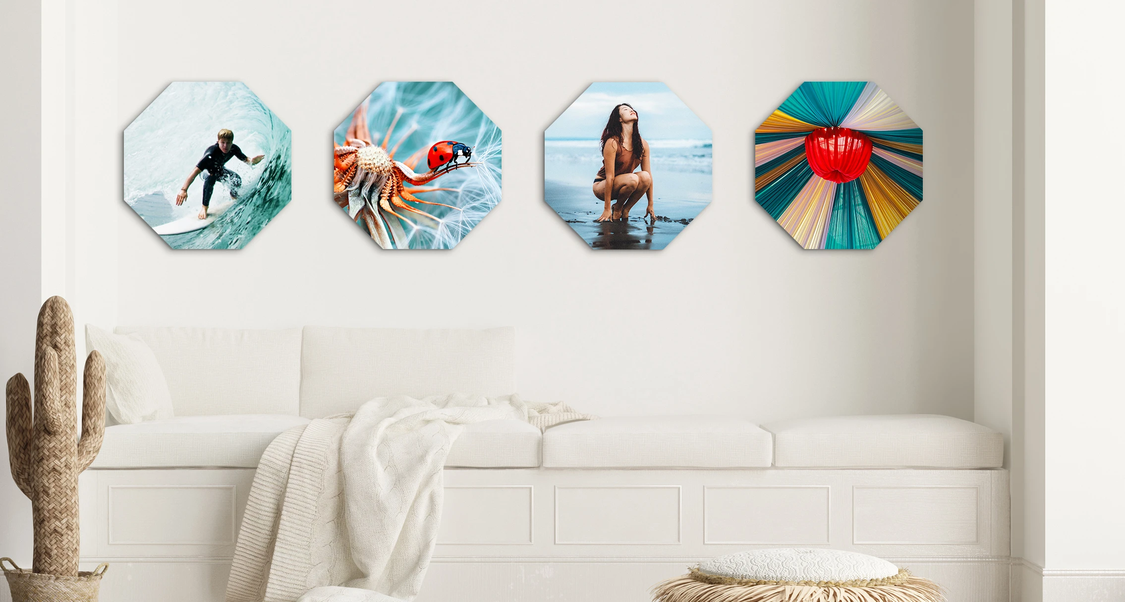 4 different motifs in Octagon format hang on a wall in living room.