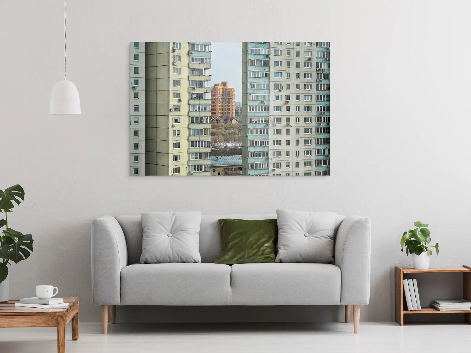Windows on skyscraper on direct Print On Aluminum Dibond hangs on a wall in a living room.