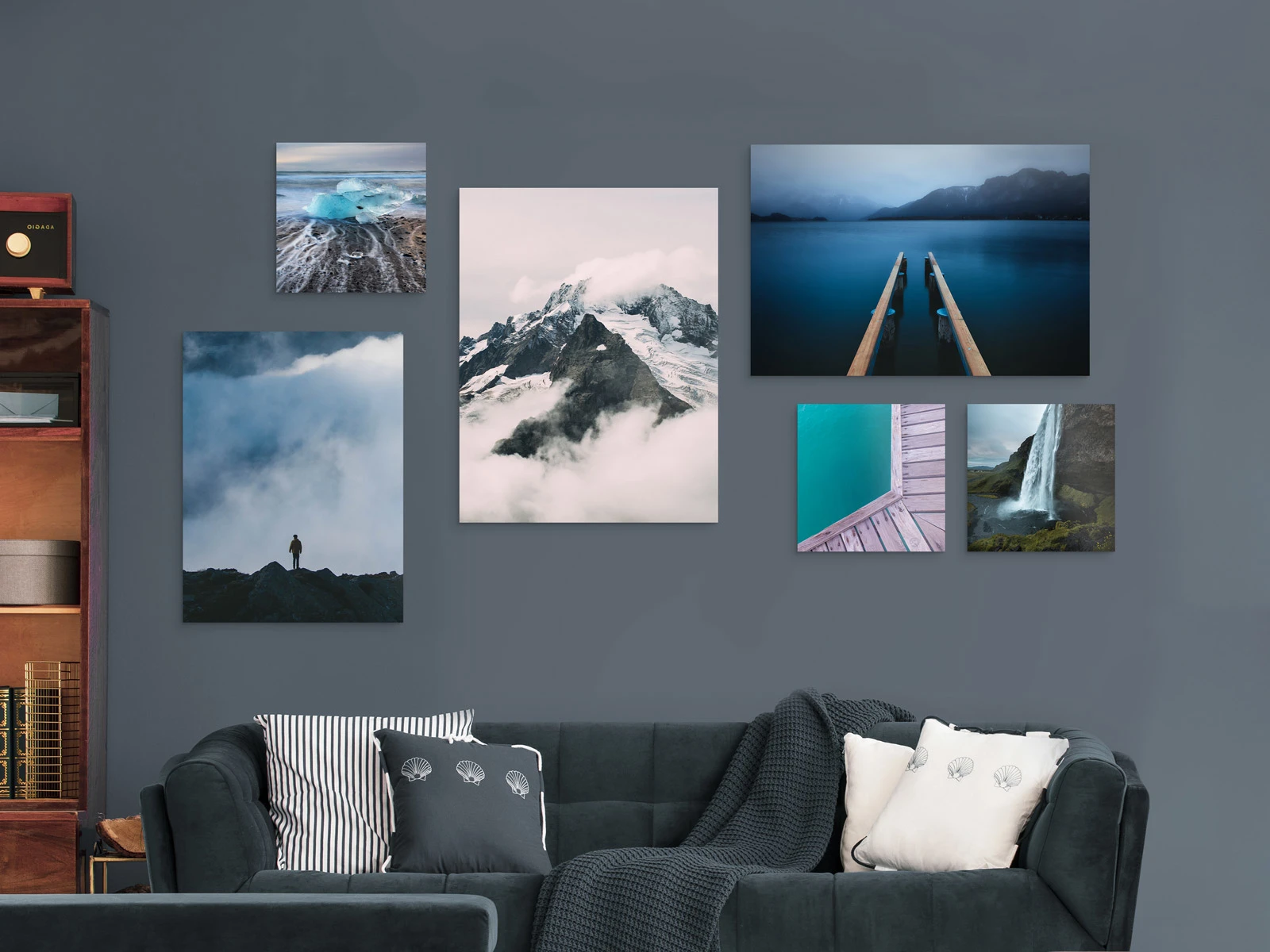 Several landscape photos on a wall as original photo print under matte acrylic glass. 