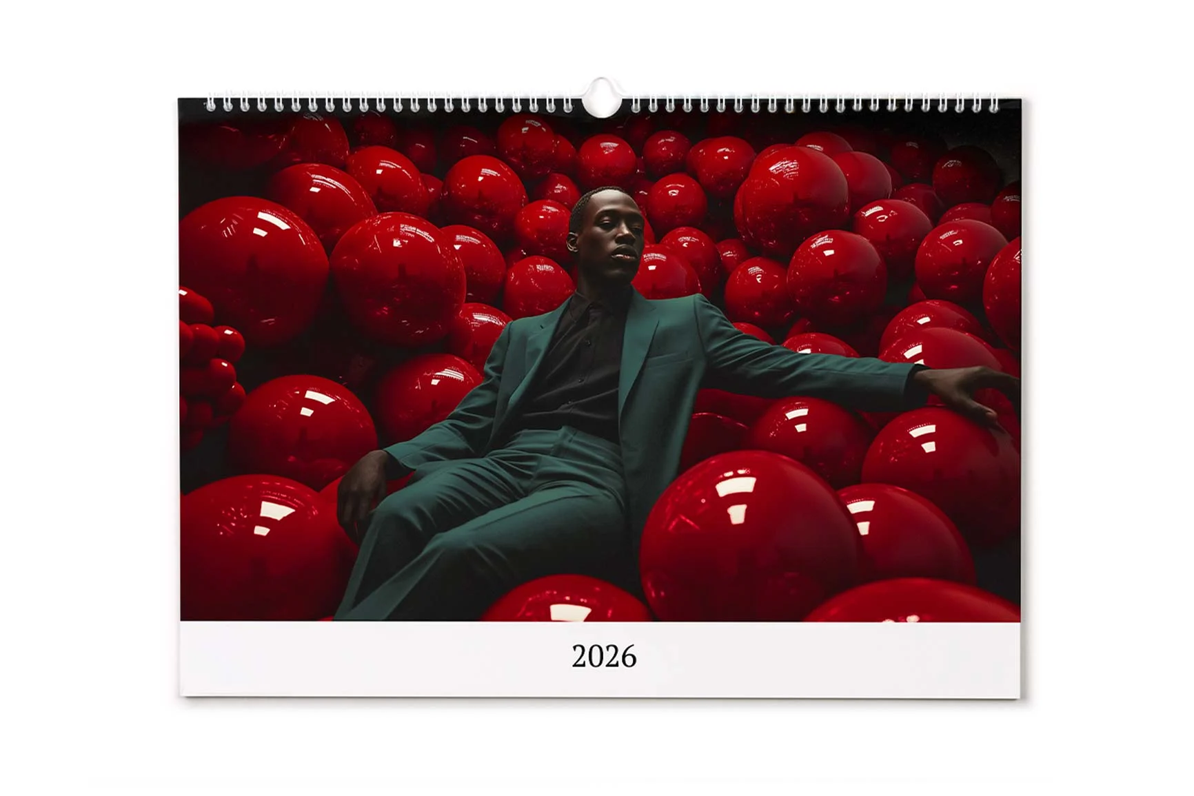 Person in grünem Anzug sitzt entspannt zwischen vielen großen roten Kugeln, zu sehen auf einem Deckblatt von einen Fotokalender.