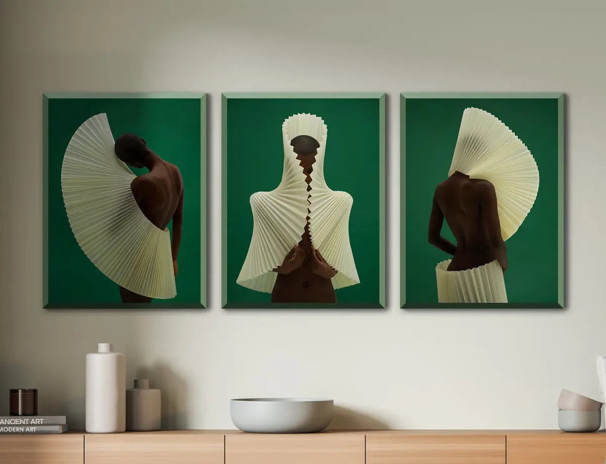 three piece series with green background, person with dark skin and folded paper art in our green Design Edition frame.