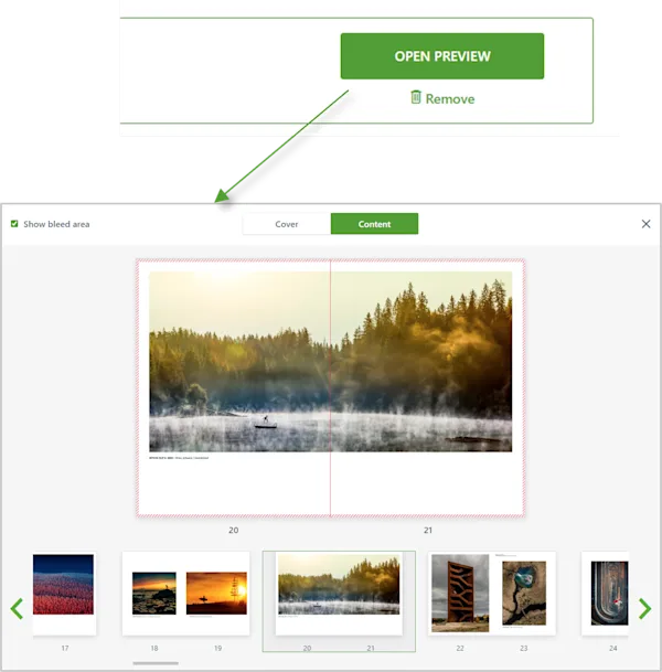The illustration shows the PDF upload preview for WhiteWall illustrated books and how the bleed area can be checked.