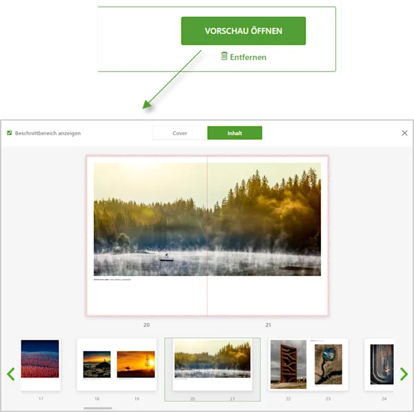 Abbildung zeigt die PDF Upload Vorschau für WhiteWall Bildbände und wie der Beschnittbereich geprüft werden kann.