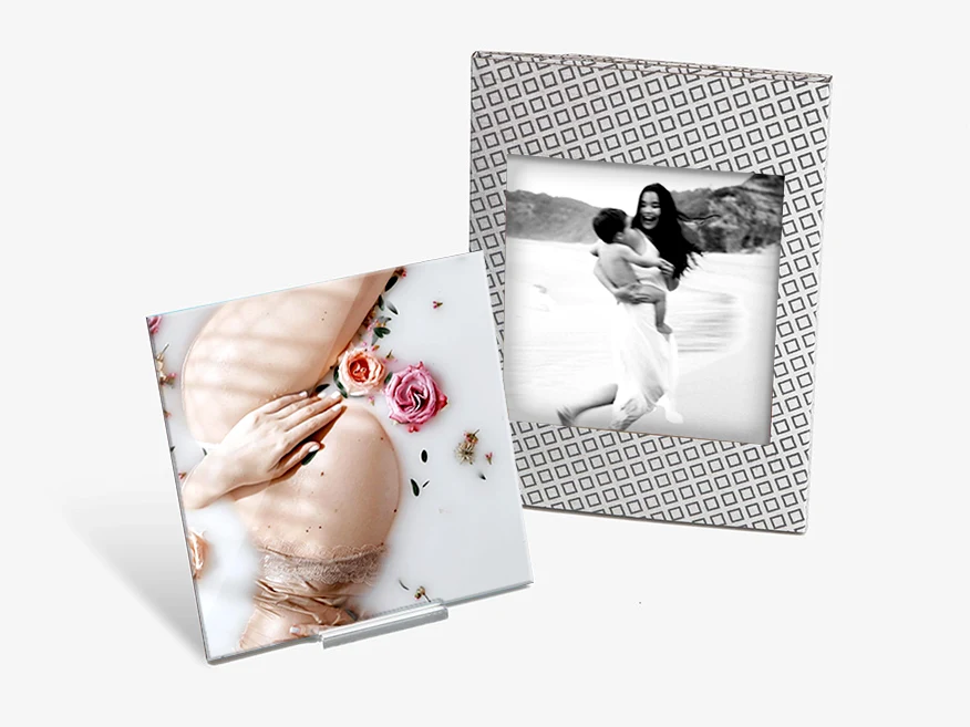 on the left pregnant woman lying in a milk bath as a WhiteWall Mini Acrylic Print with an acrylic foot, on the right smiling mother holding her child as a WhiteWall Mini Acrylic Print in an envelope - photos by Anastasia Prodous.