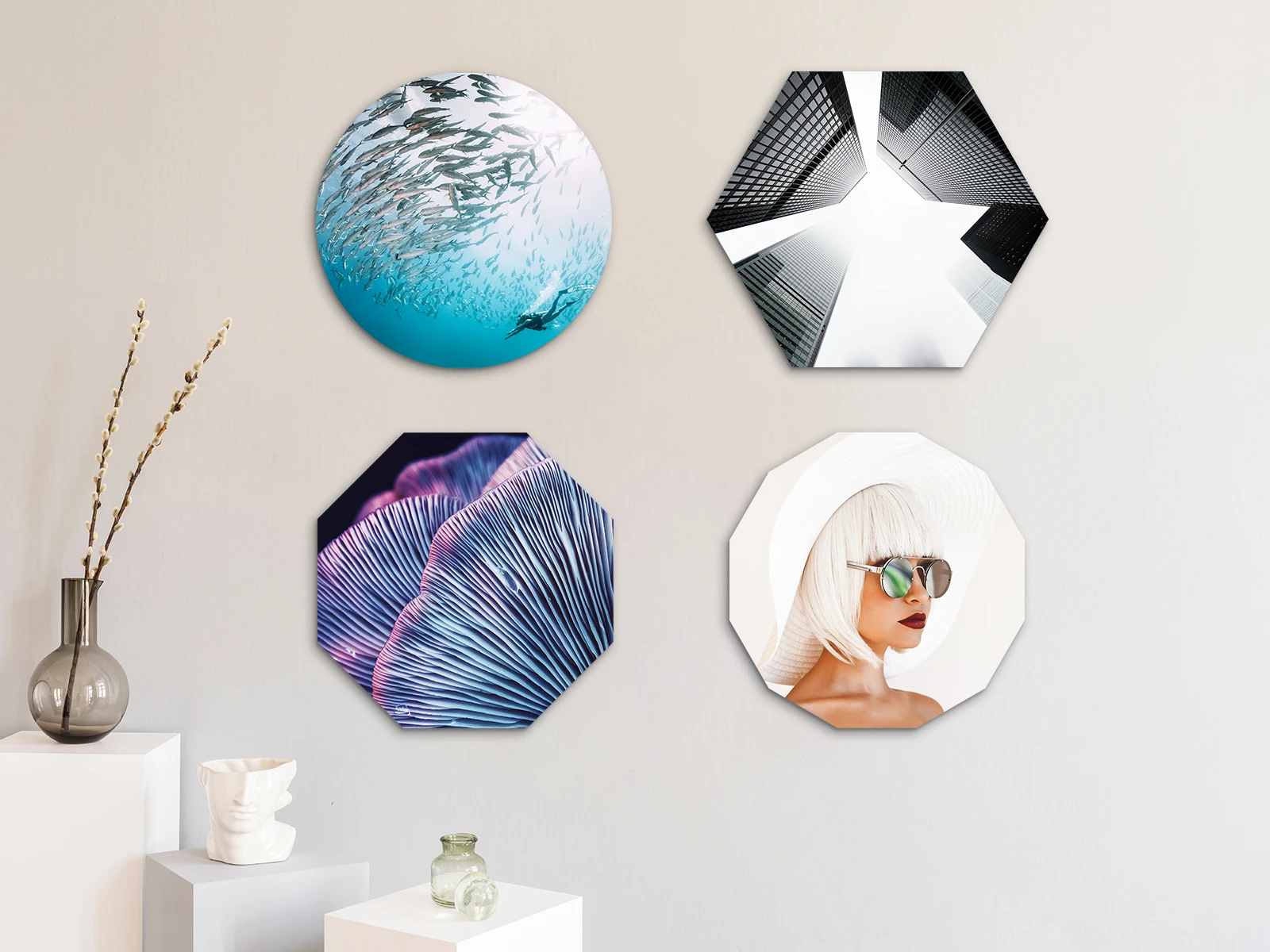 Different motifs on 4 different image formats - Round, Hexagon, Octagon and Dodecagon hanging on a wall.