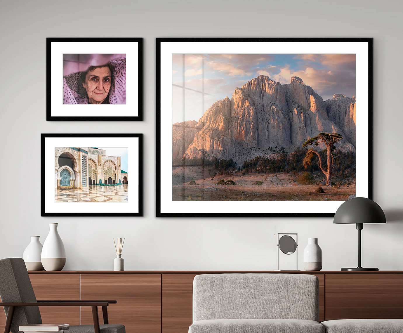multiple fine art prints on hahnemühle paper in matted frames hanging on a wall.