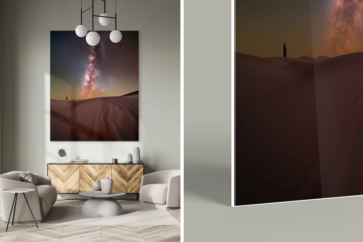 The motif of the desert at night was seamlessly printed as a large-format Fine Art Print and discreetly framed with a slimline white frame.