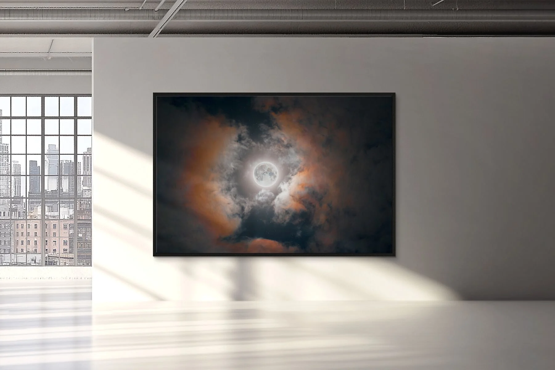 Astro moon photograph with illuminated luminous clouds, Fine Art pigment print behind acrylic glass framed in Basel 31 mm in brown alder.