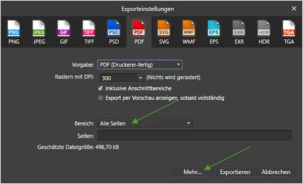 Grüne Pfeile zeigen die wichtige Einstellung für den PDF-Export in Affinity Publisher, um eine druckbare PDF-Datei für einen WhiteWall Bildband zu erstellen.
