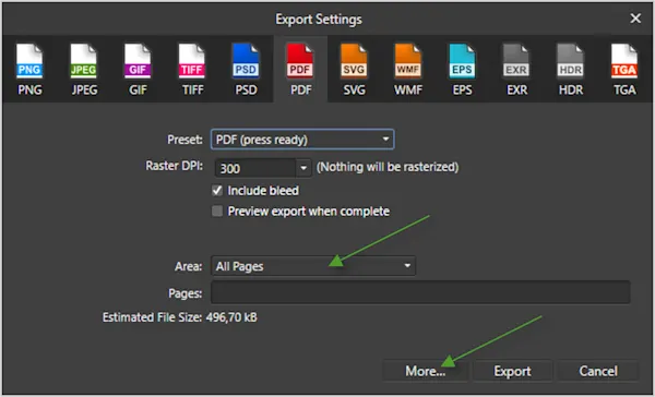 Green arrows point the important setting for the PDF export in Affinity Publisher to create a printable PDF file for a WhiteWall Coffee Table Book.