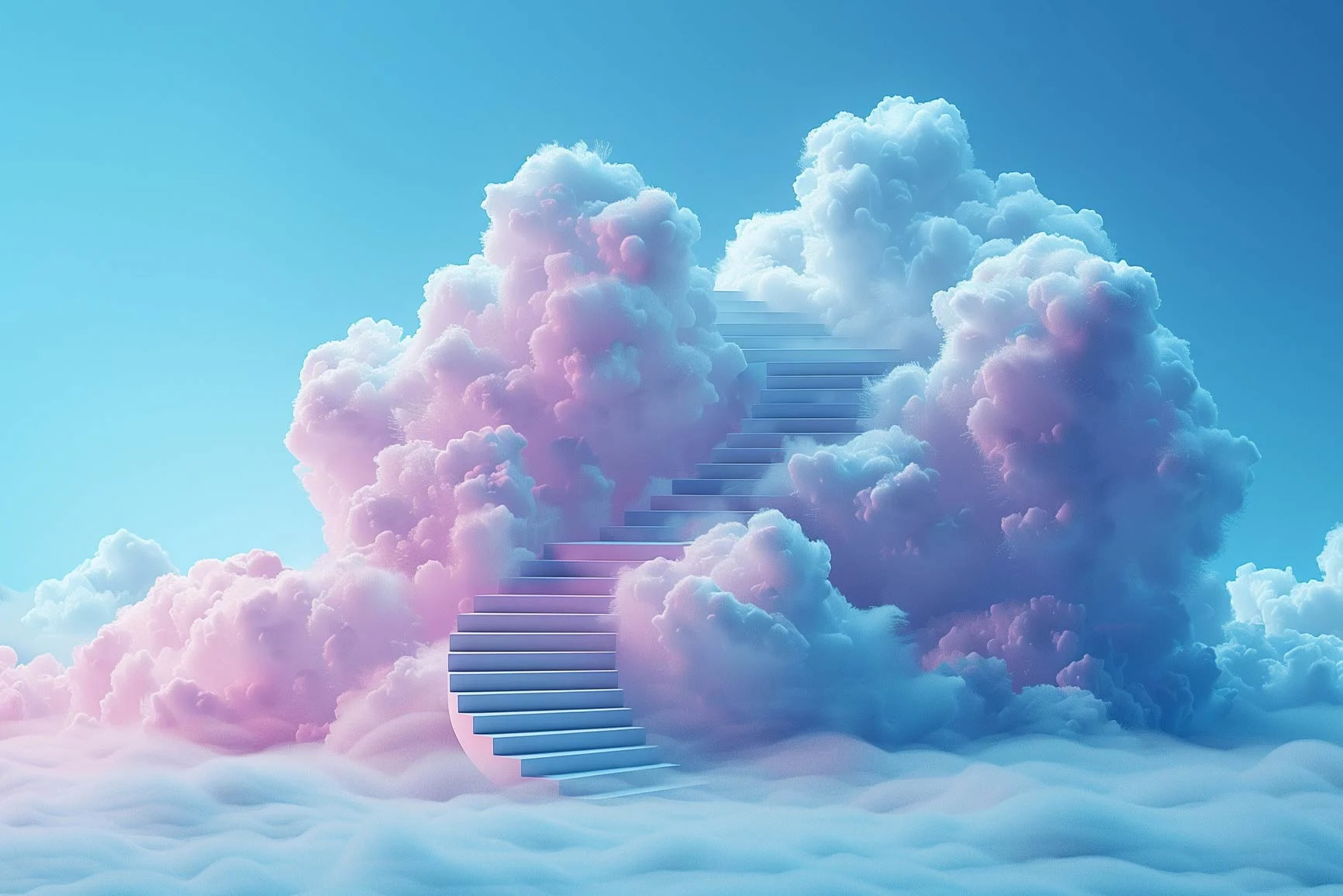 Wolkenformation mit einer Treppe, die sich spiralförmig nach oben durch die Wolken zieht.
