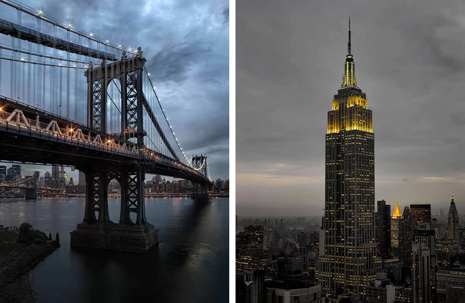 on the left the manhattan bridge by night, one the right the empire state building by night.