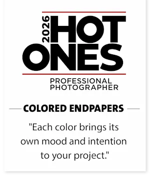 2026 Hot Ones Professional Photographer logo with a quote about colored endpapers bringing mood and intention to projects.