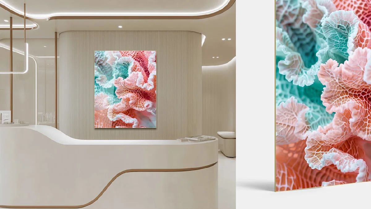 Moderner weißer Empfangsbereich mit geschwungenem Tresen und großem Korallen-Kunstwerk in türkisen und rosa Farbtönen an einer strukturierten Wand