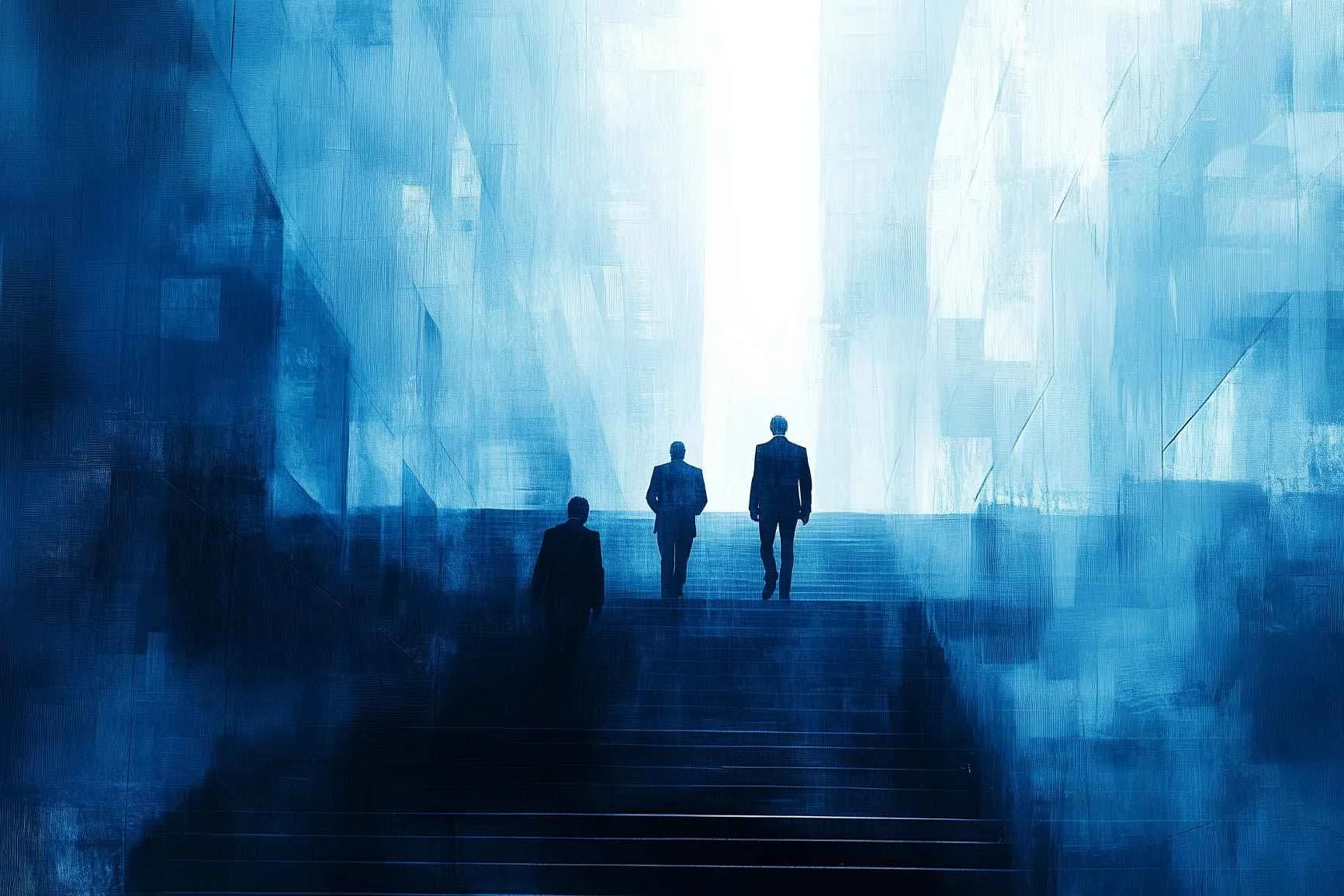 Drei Personen in Anzügen steigen eine breite Treppe in einem abstrakt-blauen, lichtdurchfluteten Raum hinauf