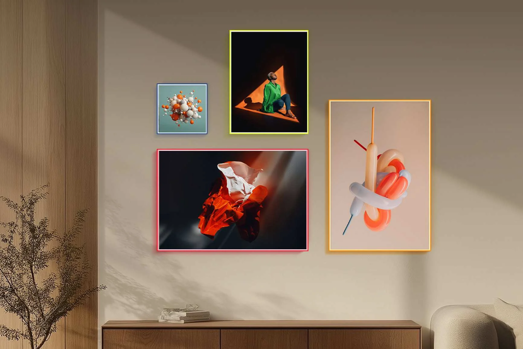 Vier abstrakte Bilder in farbigen Pop-Art-Rahmen an einer Wand über einem Sideboard, darunter ein Teil eines Sofas sichtbar.