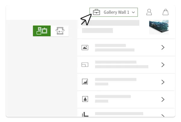 Une capture d’écran de l’interface utilisateur montrant un menu déroulant « Gallery Wall 1 » surligné en vert, avec une flèche pointant vers celui-ci.