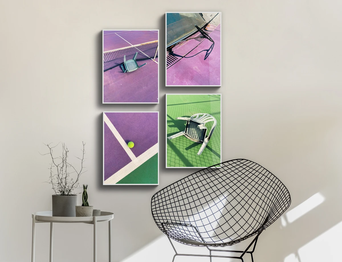 Ambience image of framed photographs of the tennis field series with purple and green colors.