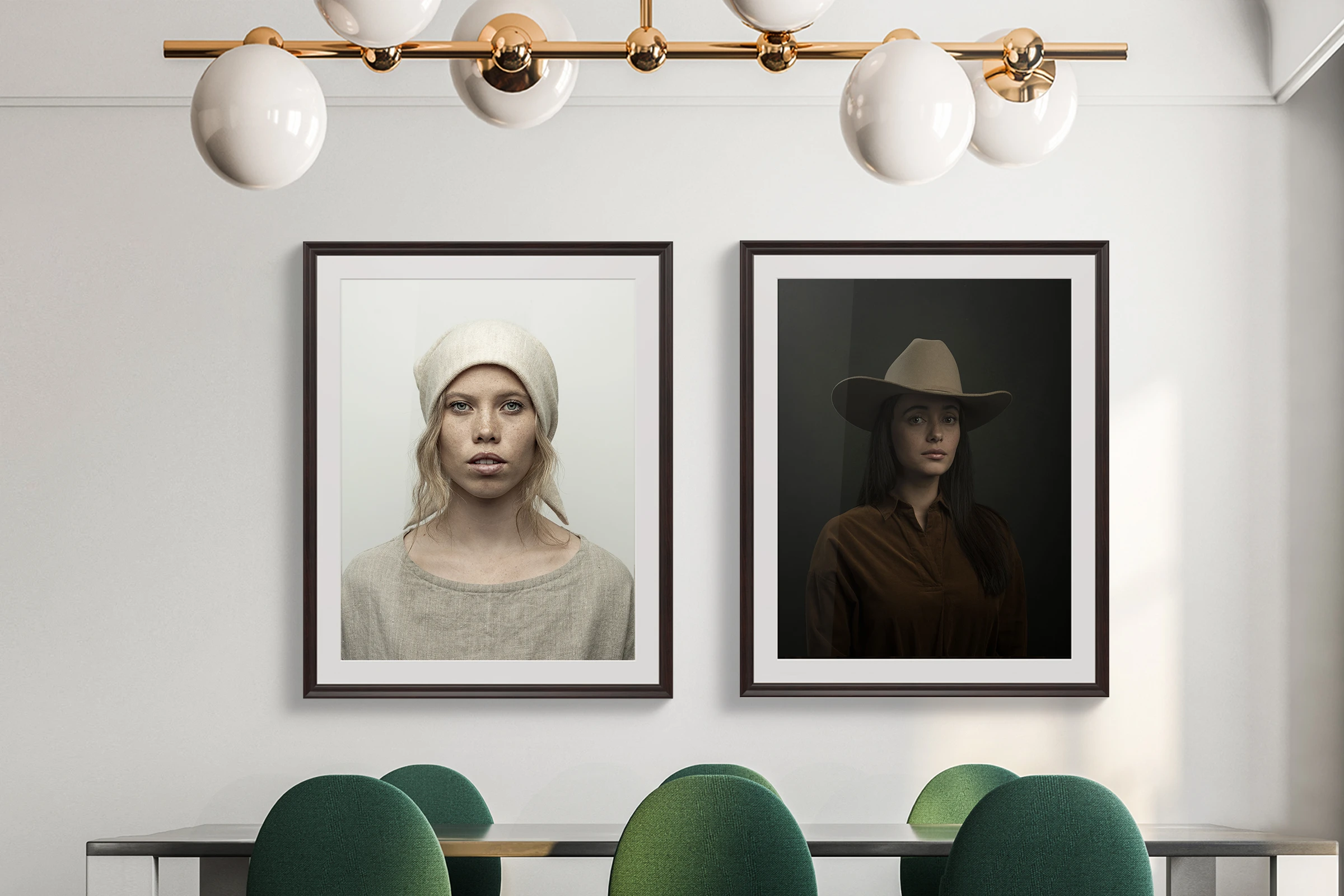 diptych of two female portraits, left with light colors and right with dark colors.