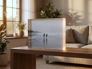 Acryl fotoblock op houten tafel toont zwart-wit strandtafereel met silhouetten van mensen die langs de mistige kustlijn lopen.