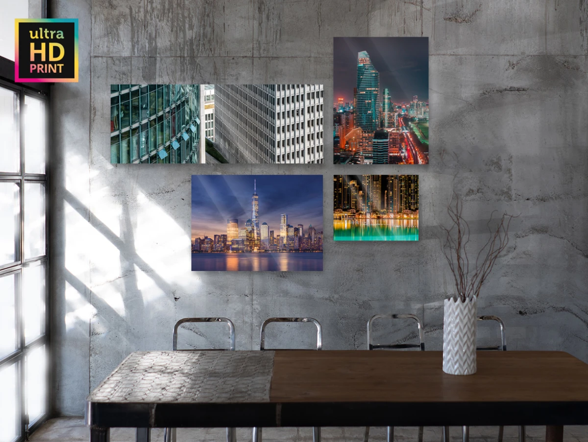 Several architectural photos on a wall as ultraHD photo prints under acrylic glass. 