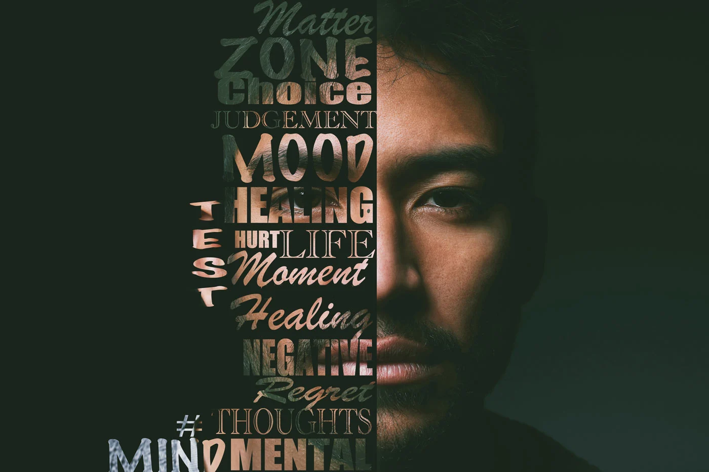Person in the background in front of text with words, black background.