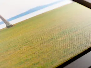 Gros plan d’une impression sur toile mate représentant une scène côtière avec de l’herbe verte, de l’eau bleue, un ciel blanc et une partie du tronc d’un palmier.