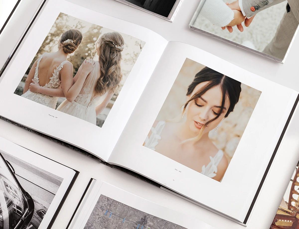 close-up wedding portraits printed in a coffee table book.