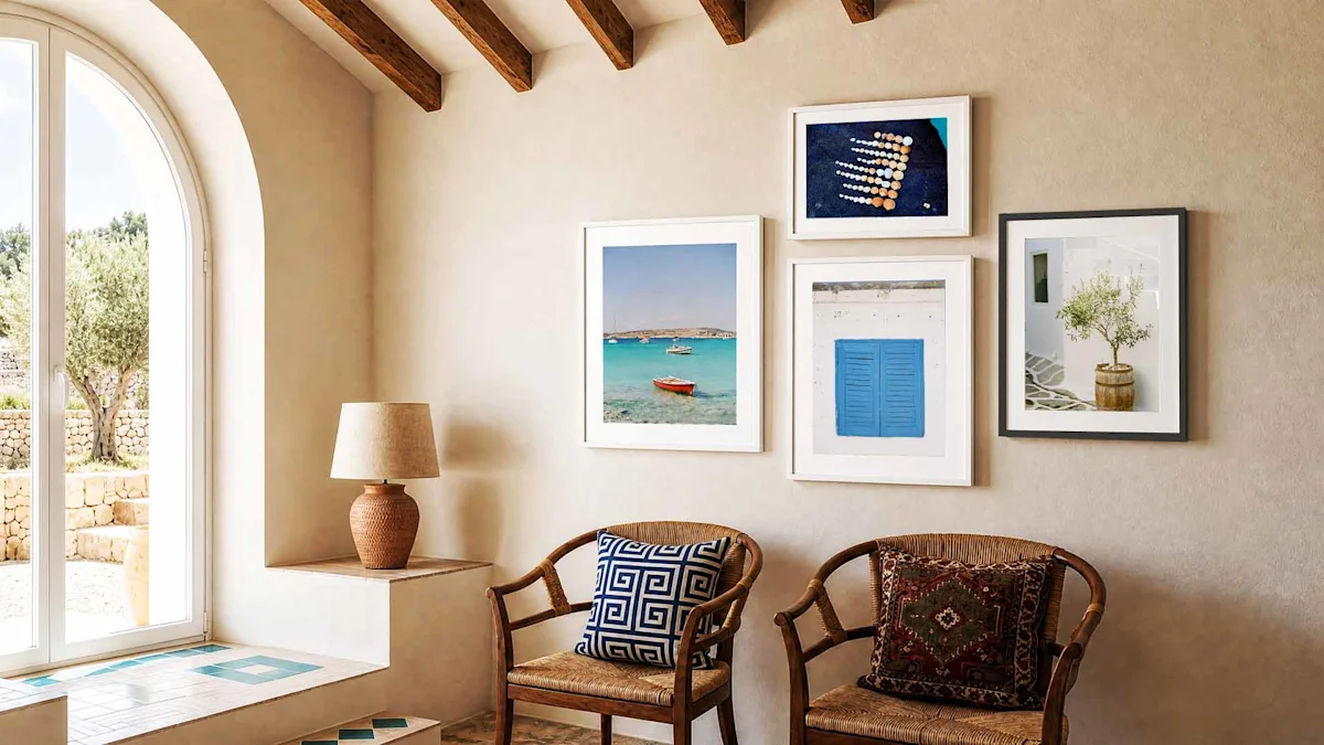 Entrada mediterránea iluminada por el sol con una disposición de galería de cuatro impresiones artísticas enmarcadas sobre una pared beige. Las obras incluyen escenas de botes costeros, contraventanas azules, conchas marinas ordenadas y un olivo en maceta. Debajo de los marcos, dos sillones de madera rústica están decorados con cojines textiles estampados en azul y marrón. A la izquierda, una gran puerta de vidrio arqueada se abre a una terraza exterior con un olivo.