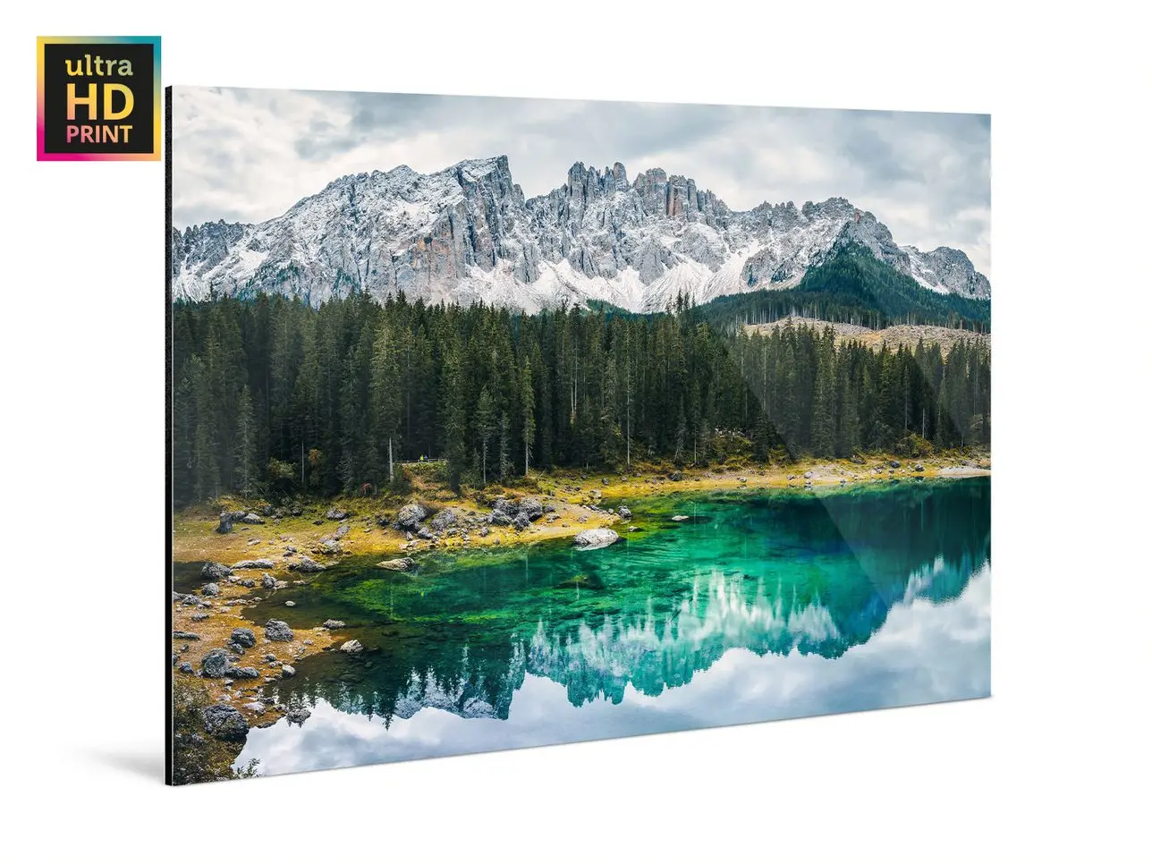 A mountain and a forest reflected in a lake on a ultraHD Photo Print On Aluminum Backing.
