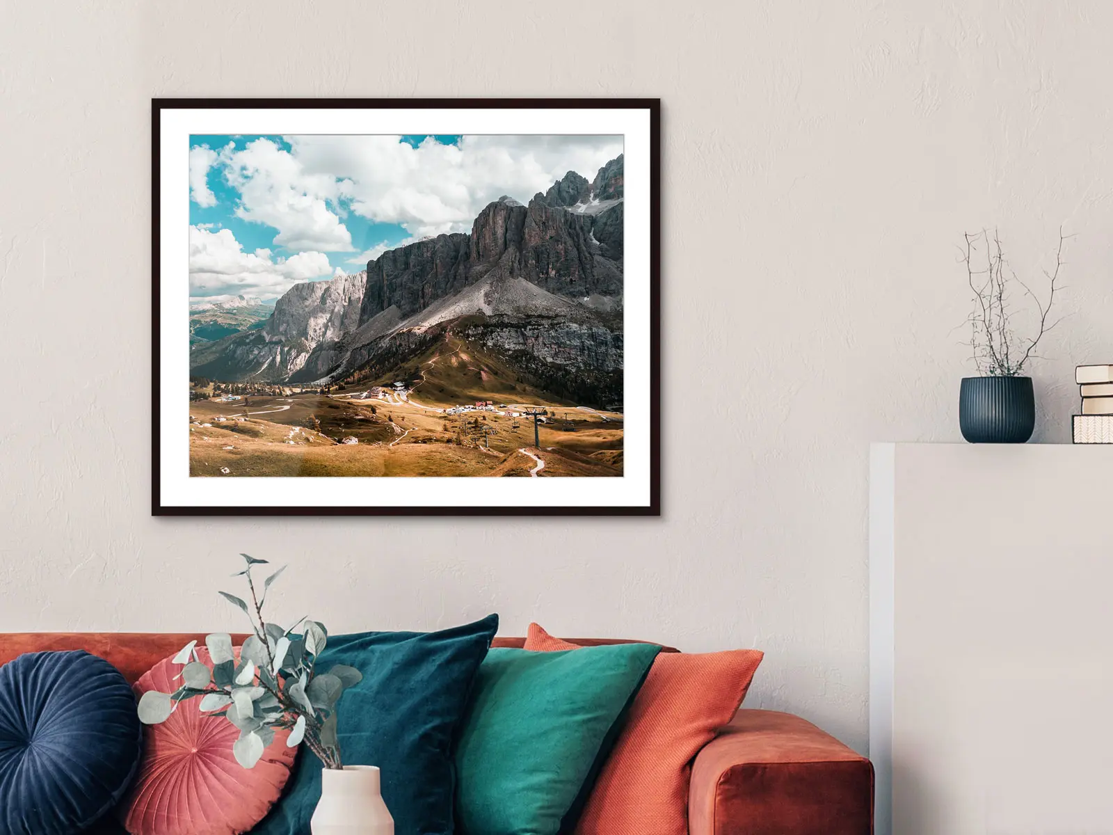 mountainscape as a lamda print on fuji crystal DP II paper in a frame hanging on a wall.