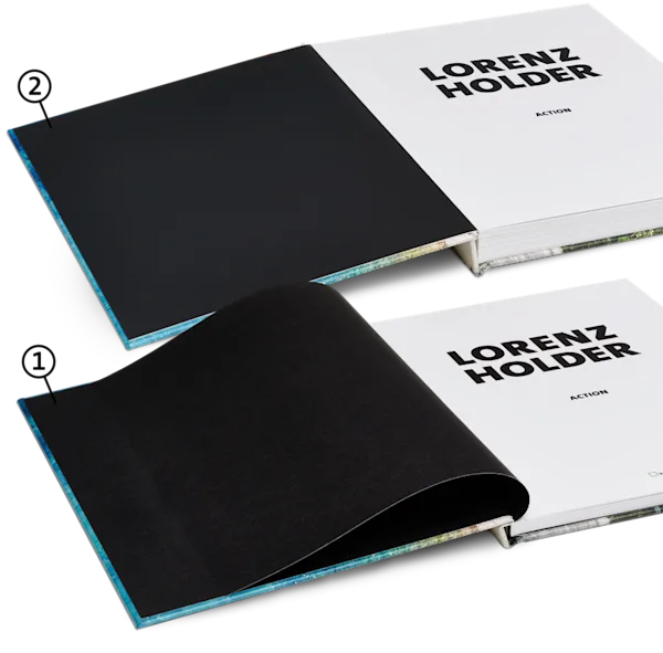 Two coffee table books with black end paper, titled "Lorenz Holder Action" with numbers 1 and 2 marking different printing technologies. Number 1 in inkjet printed, number 2 is photo paper.