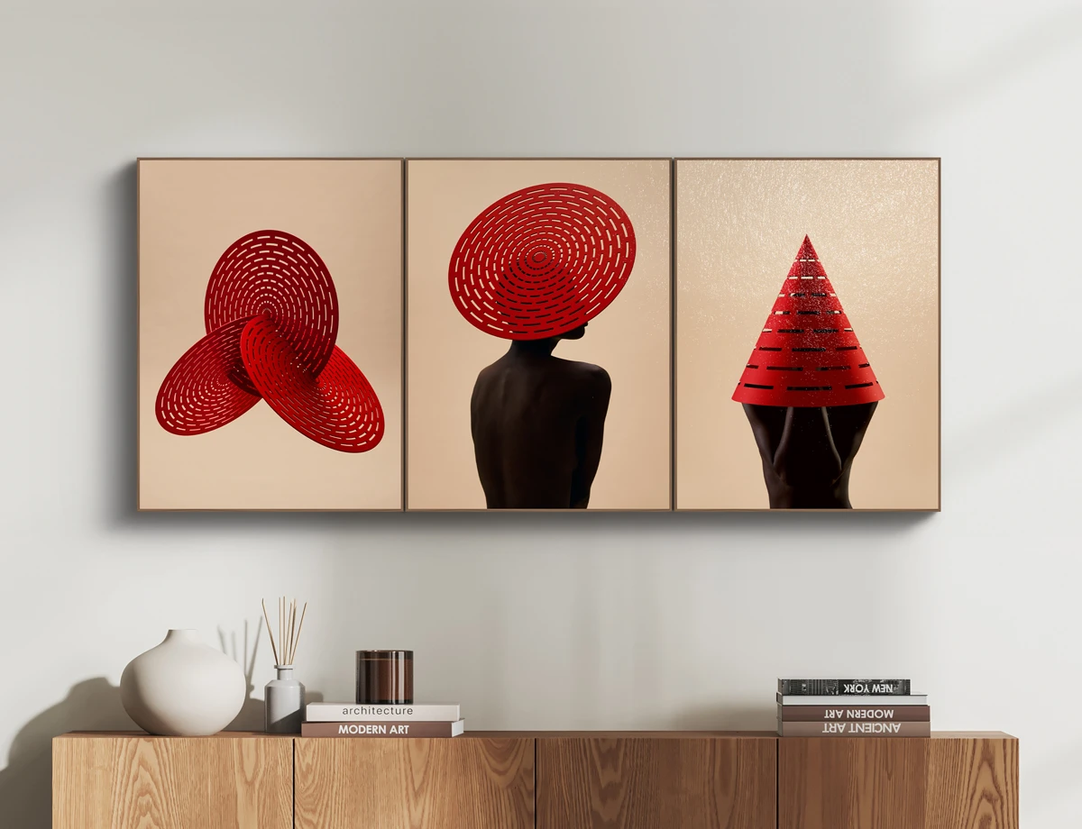 different shapes in red color with 3d aspects and hint of a person.