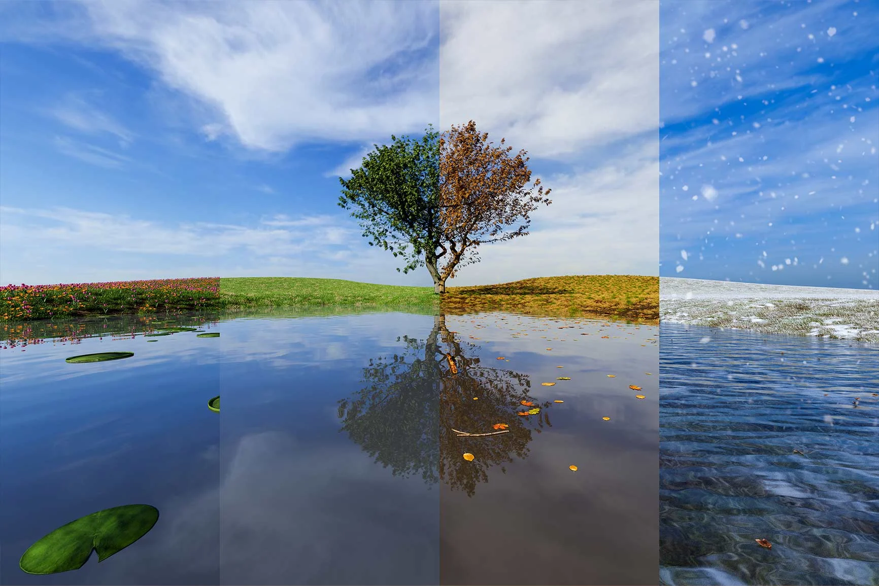 Single tree by a body of water, the picture is divided into four sections with spring, summer, fall and winter.