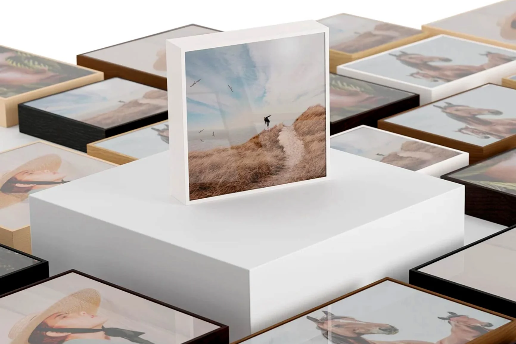 ArtBox mit Landschaft und Person auf einem weißen Podest, umgeben von weiteren ArtBoxen in verschiedenen Rahmenfarben.