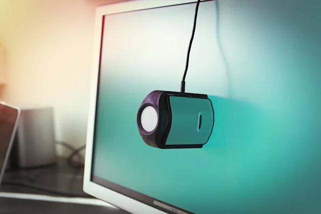 Kleines Messgerät mit Kabel hängt vor einem Monitor mit grünlichem Bildschirm.