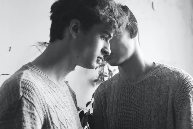 portrait photography, two male models in Parisian apartment, taken with Hasselblad 500C/M by Vivien Liskovsky.