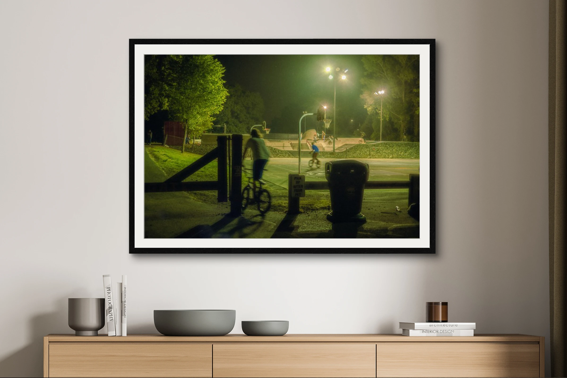 night scene, neighborhood street, greenish light, skatepark, bmx, bike, youth.