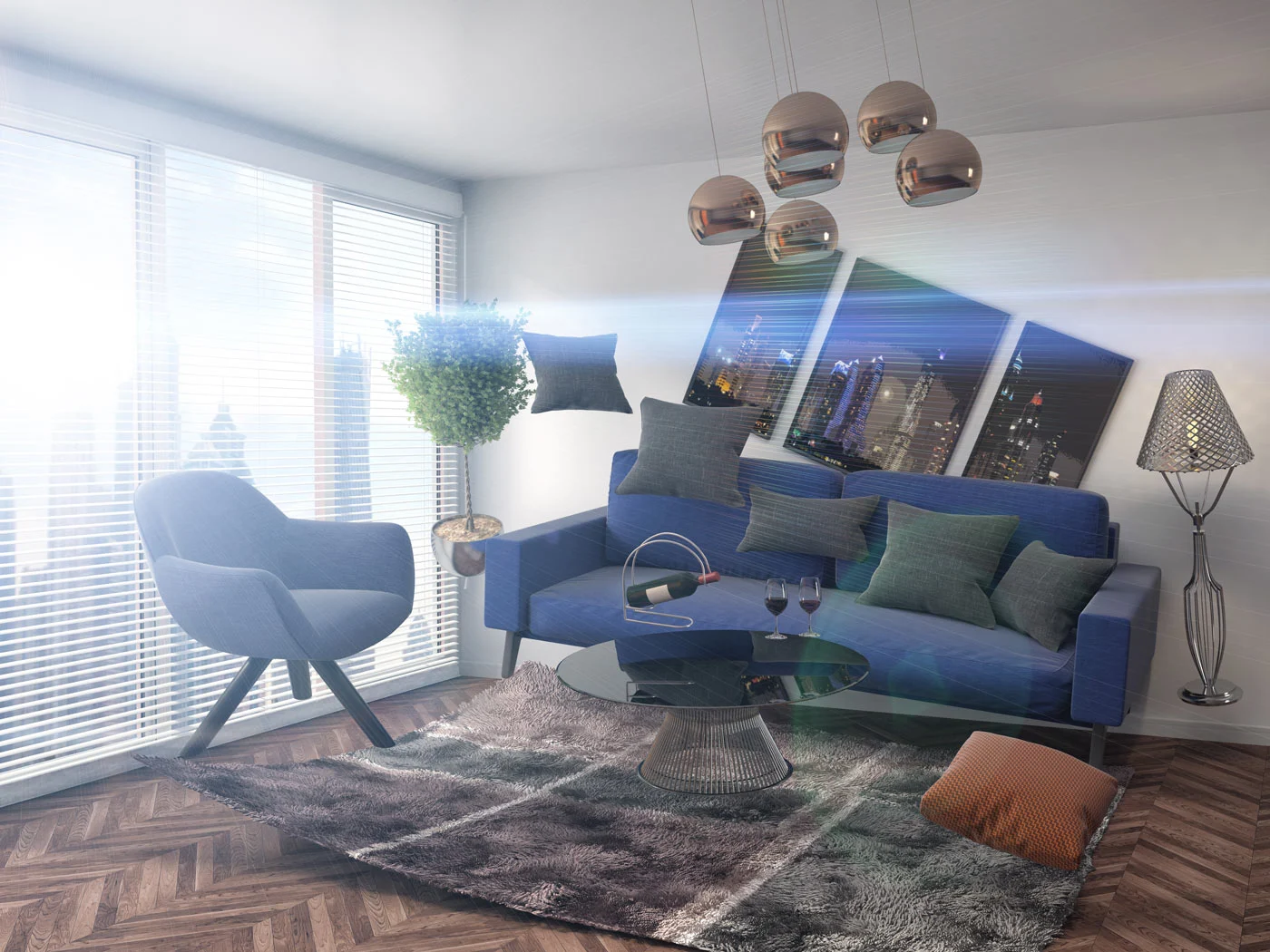 Modern living room with floating furniture and cityscape hanging diagonally on the wall.