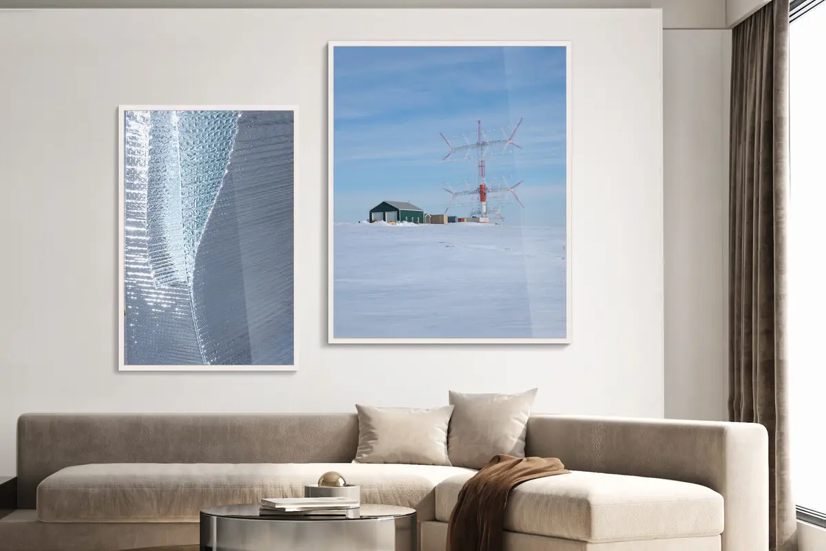 left: reflecting thermal insulation film for cars; right: snow landscape with house and utility pole.