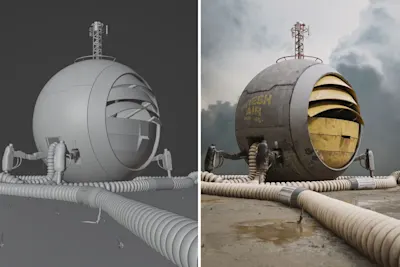 Side-by-side comparison of 3D model in process and the finished picture of a spherical industrial ventilation machine.