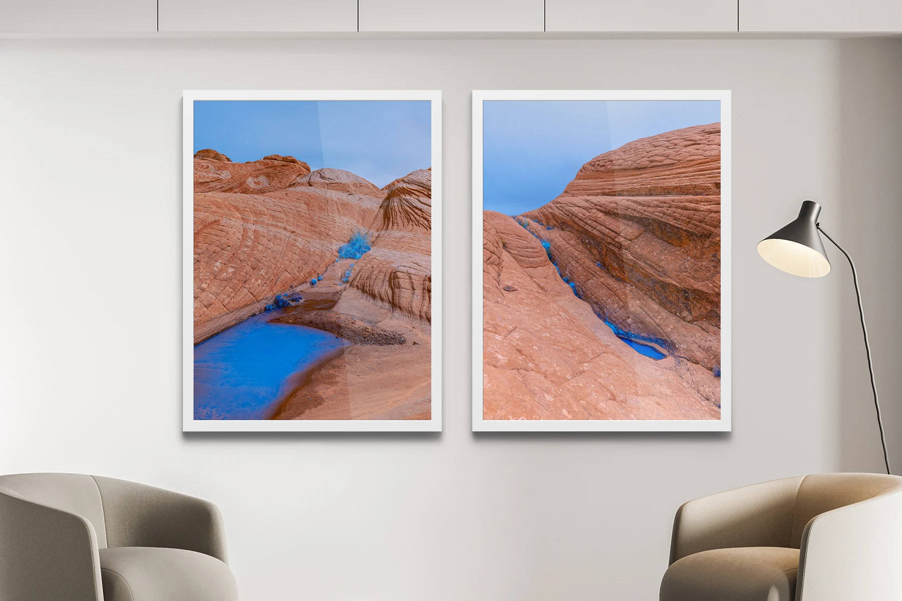 Red sandstone formations with fluorescent blue water.