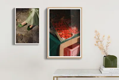 Everyday moments, strawberry stand, woman in green dress.