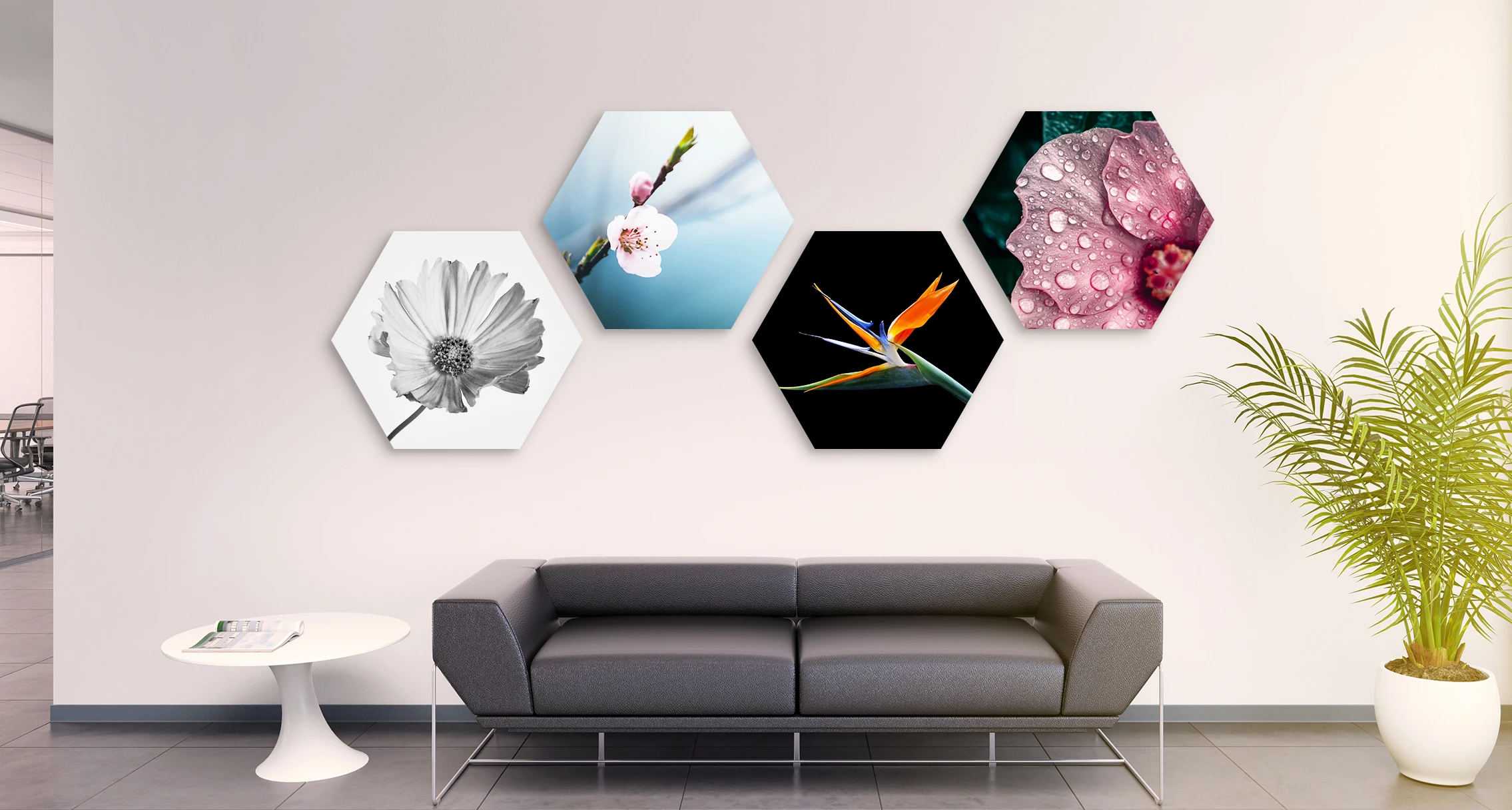 5 different flower motifs in hexagon format hang on a wall in a living room.