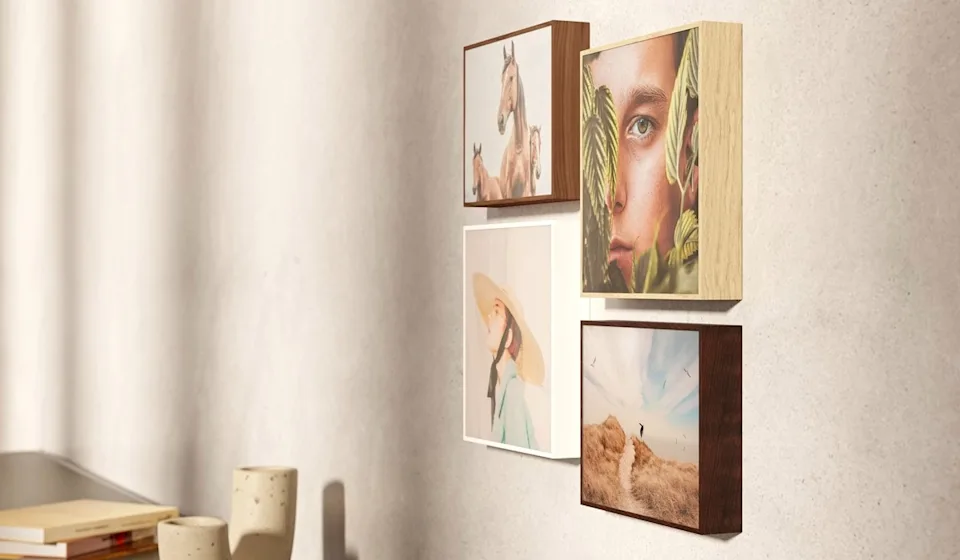 4 artboxes hanging on a wall shown from the side to display the depth.