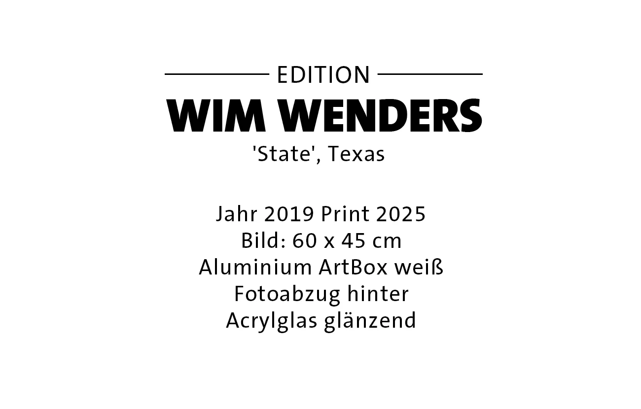 Textgrafik schwarz auf weiß mit den wichtigsten Produktinfos rund um das gedruckte Bild der Edition von Wim Wenders.
