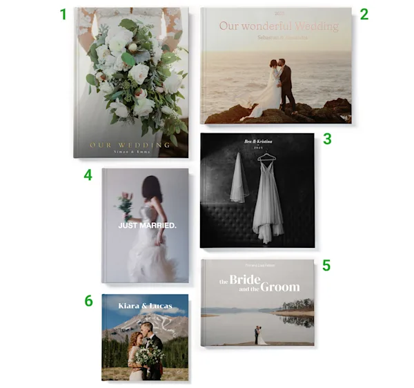 Collection of six wedding photo books in different formats featuring floral arrangements, coastal scenes, mountain backdrops, and bridal attire.
