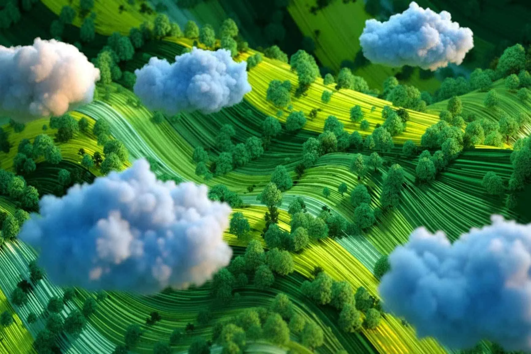 Landschaft mit hügeligen Feldern und Baumreihen, über denen mehrere weiße Wolken schweben.